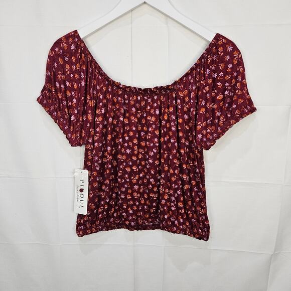 Pinque Cropped Blouse Puff Sleeves Floral Burgundy Size Medium - Picture 2 of 7